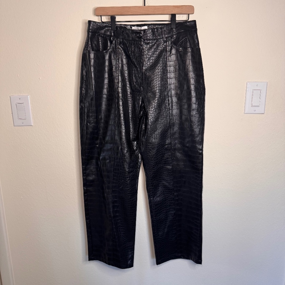 Mango High Waisted Straight Leg Faux Leather Pants Women's 10 Black NWT